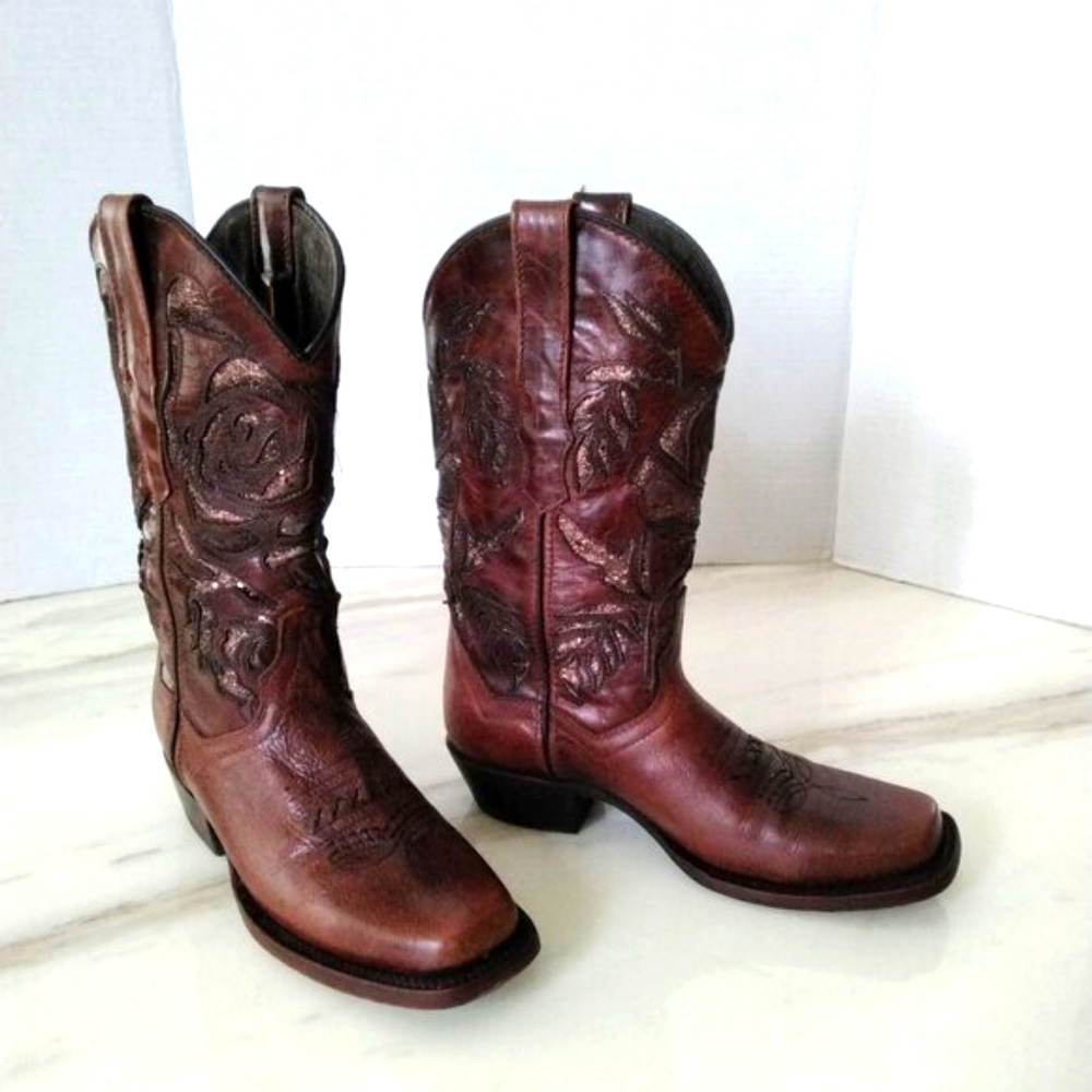 VERETTA Brown Sequin Inlay Floral Leather Western Boots Sz 7